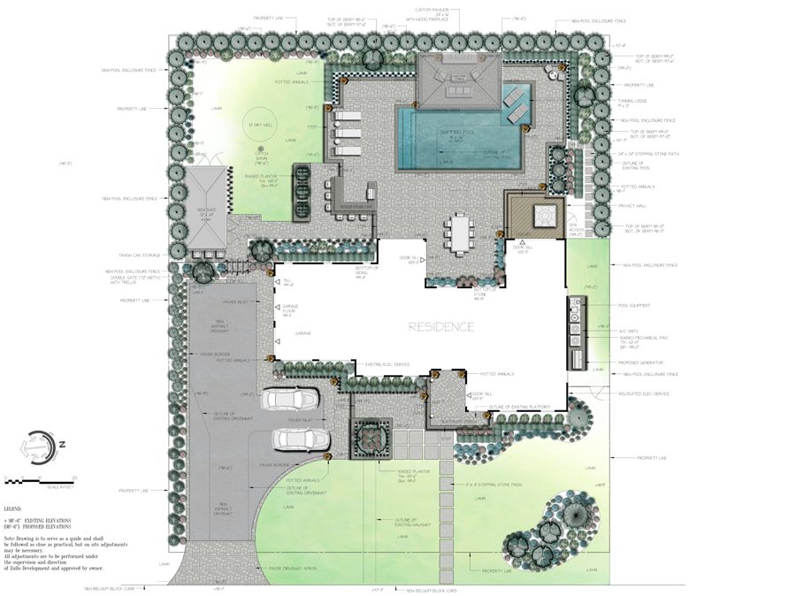 Color landscape plan with a pool, covered pavilion, outdoor kitchen and planted borders