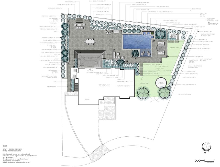 Color landscape plan with a pool, raised covered patio, outdoor kitchen, synthetic turf and layered screening