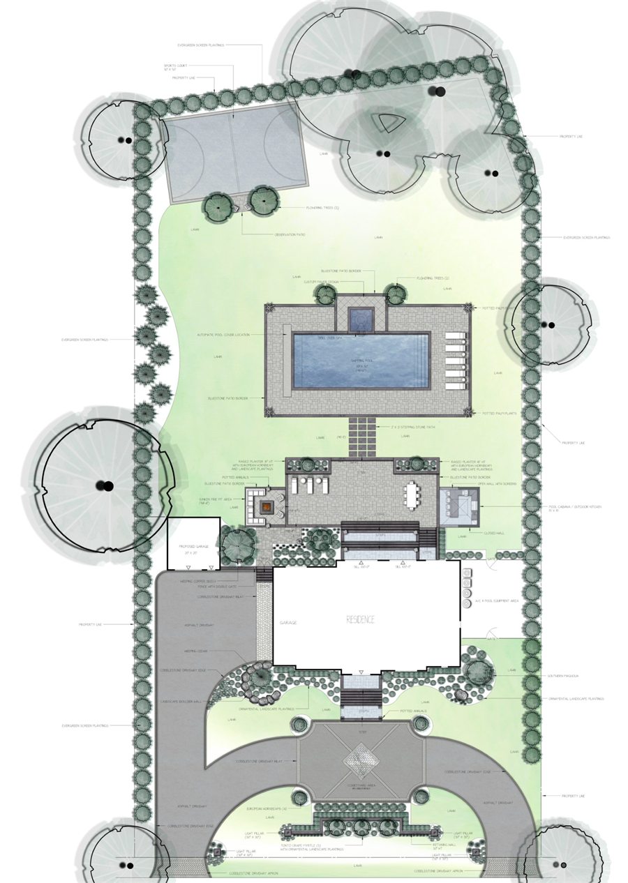 Color landscape plan for a long estate lot with a sport court, pool, cabana and a circular cobblestone motor court