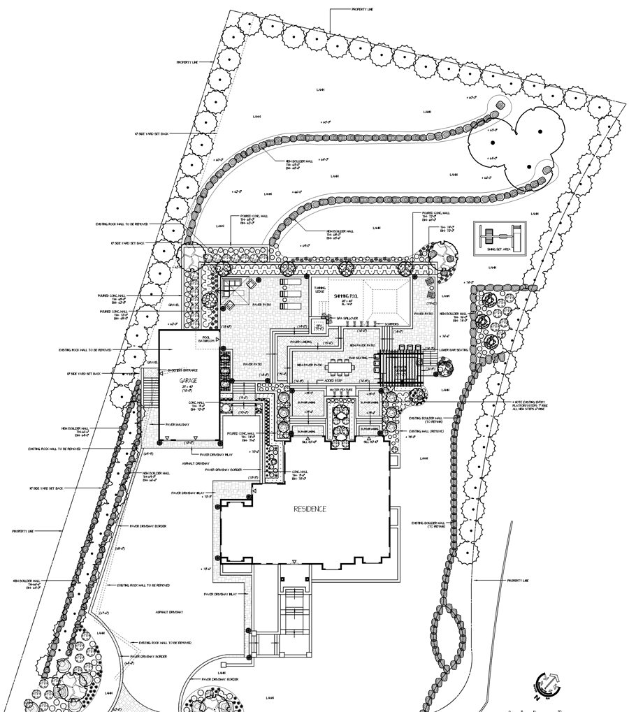 Landscape plan for a large property with a pool, spa, pergola bar, water feature and winding boulder-wall garden beds