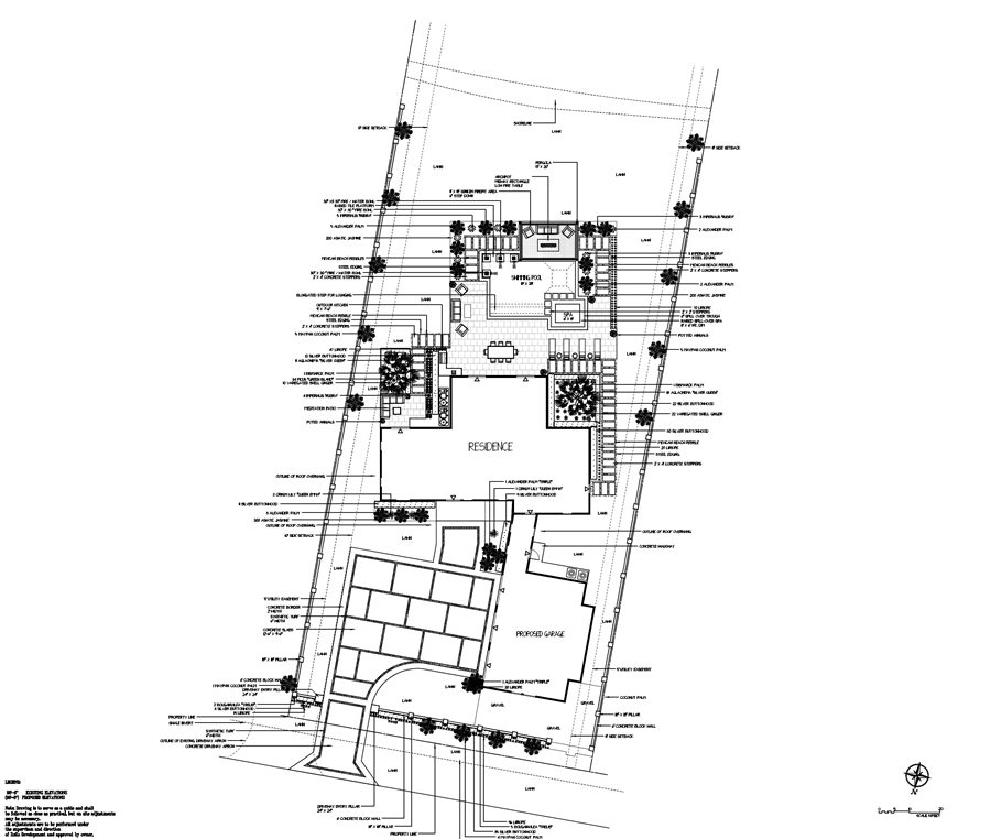 Landscape plan for a waterfront lot with a pool, pergola, spa and entry court